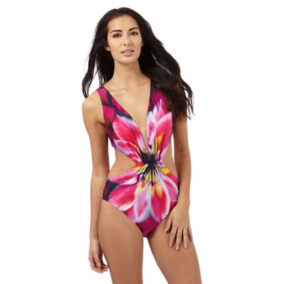 Pink floral print cut-out swimsuit
